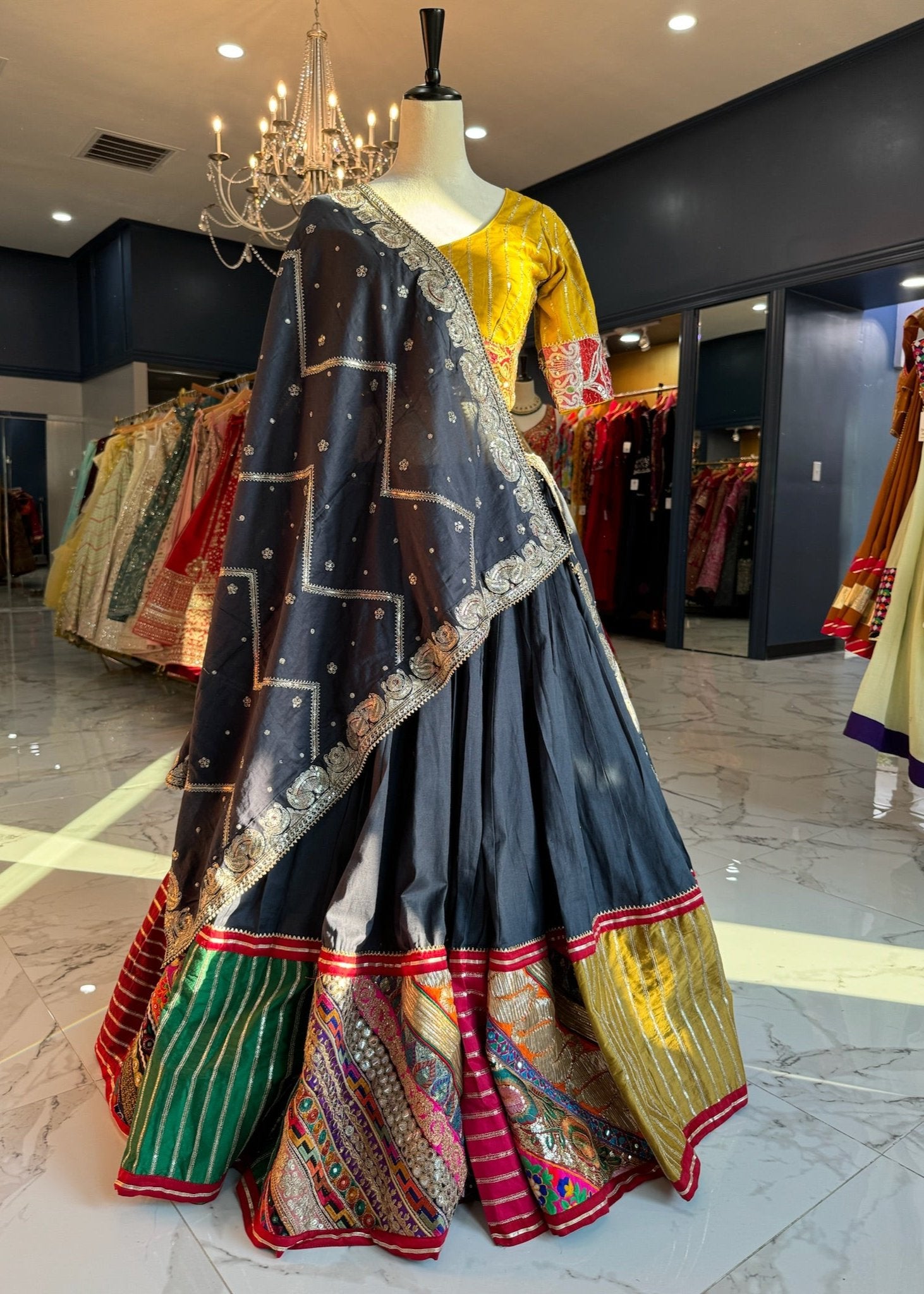 Black and mustard multi color chaniya choli