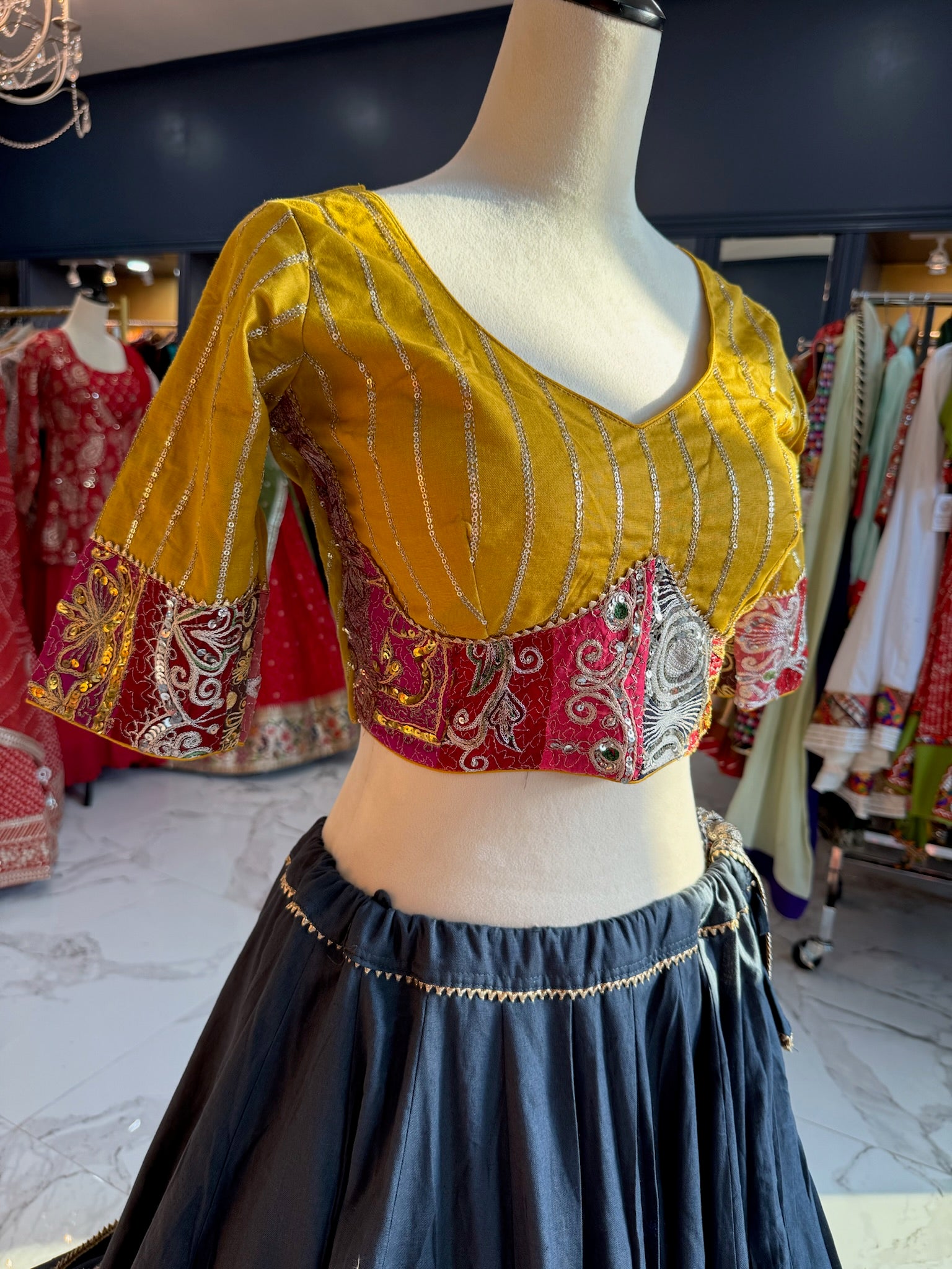 Black and mustard multi color chaniya choli