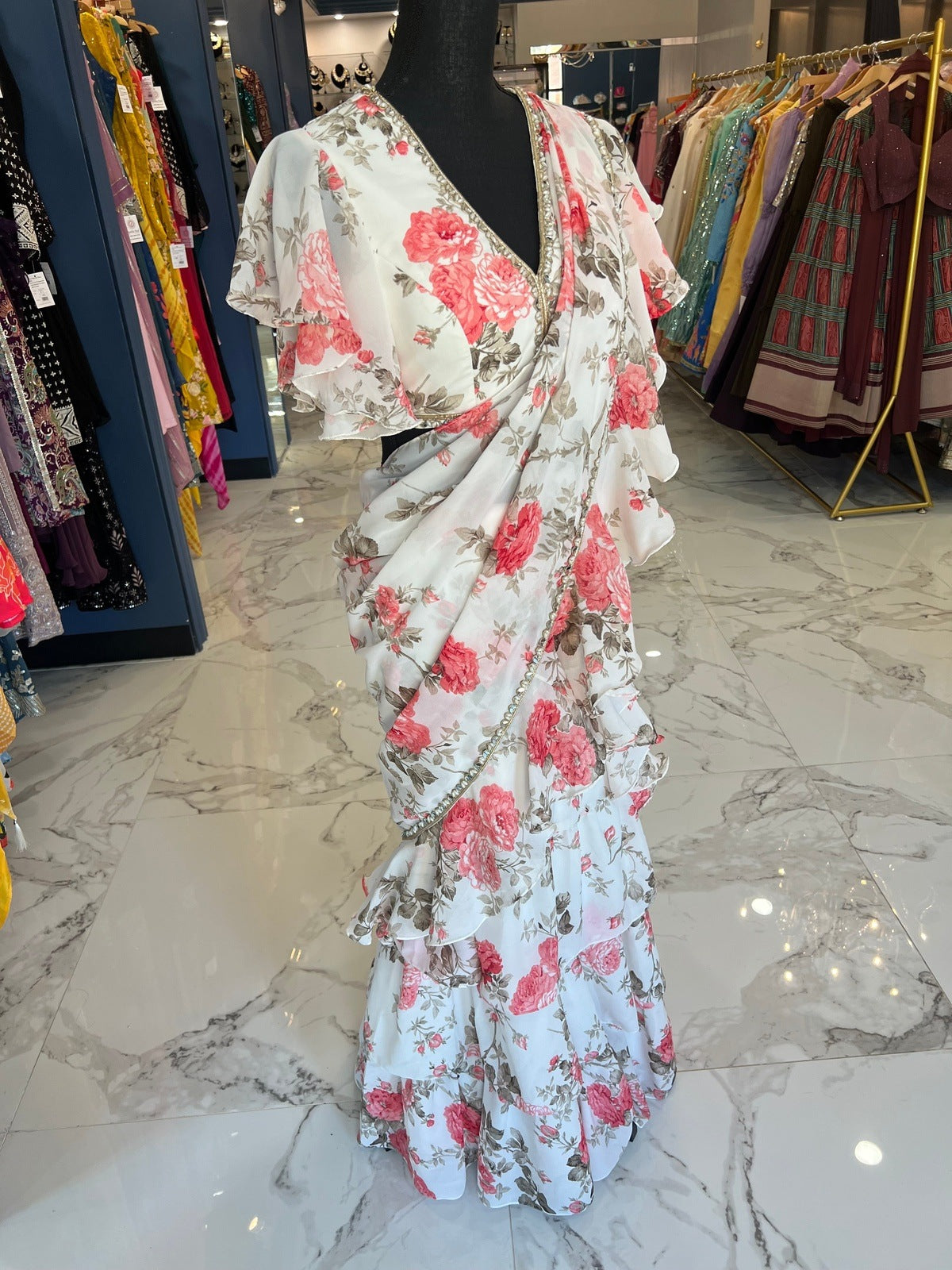 White Floral Ready Saree