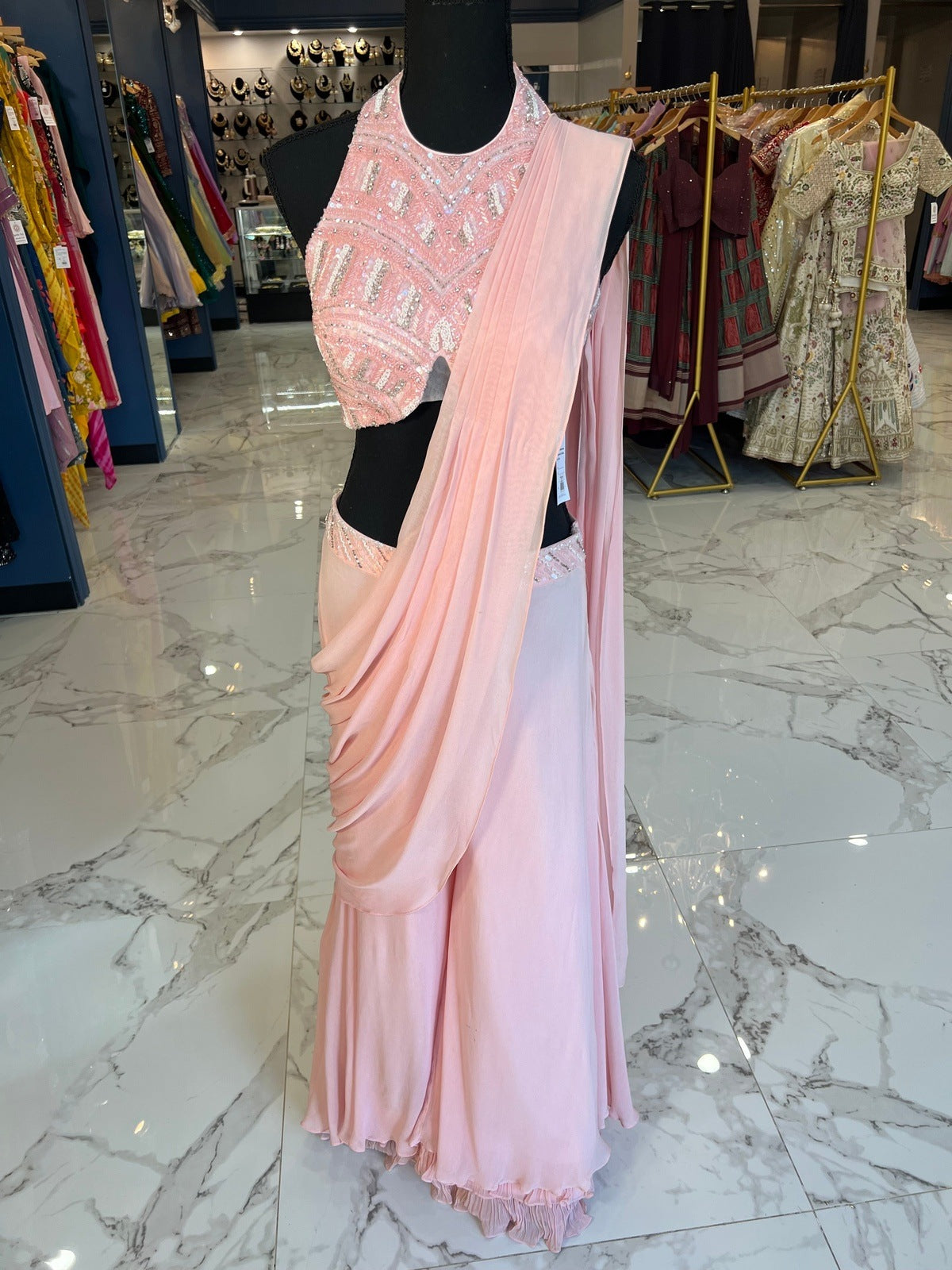 Baby Pink Halter Ready Saree