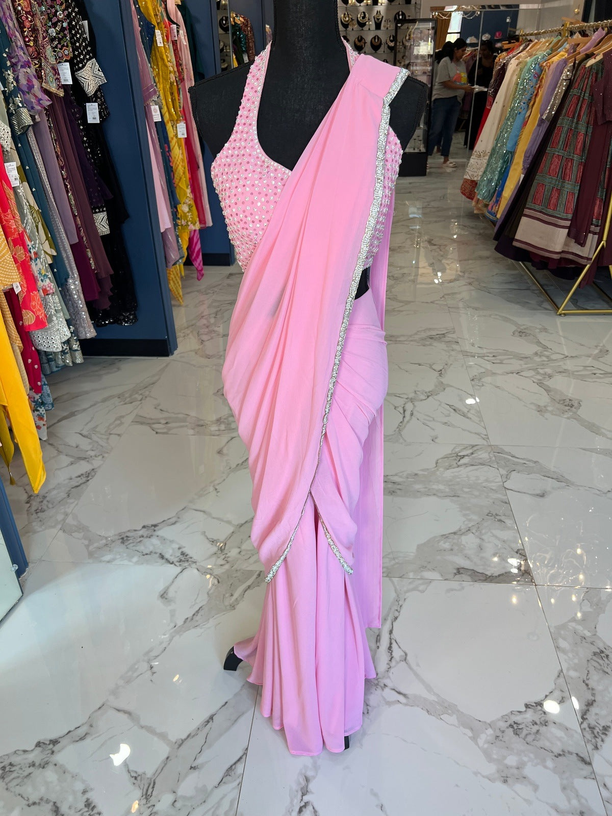 Barbie Pink Halter neck Ready Saree