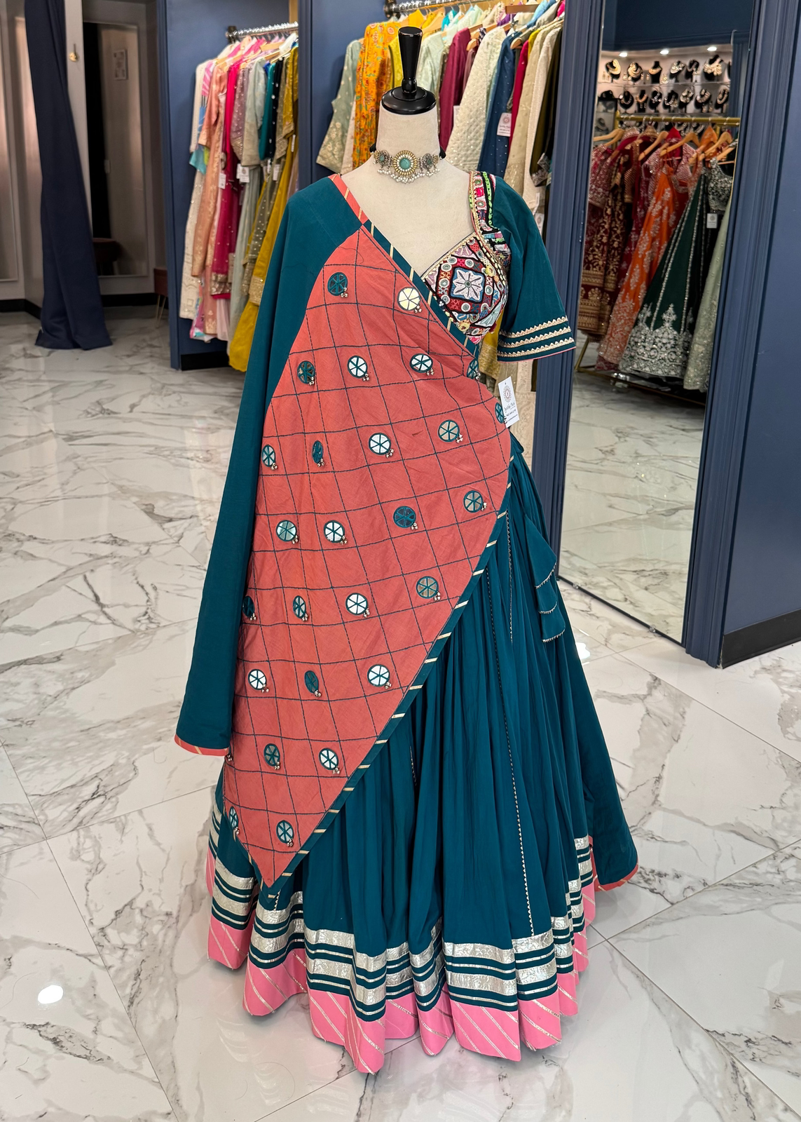 Teal & Coral Mirror Work Chaniya Choli