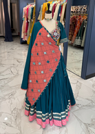 Teal & Coral Mirror Work Chaniya Choli