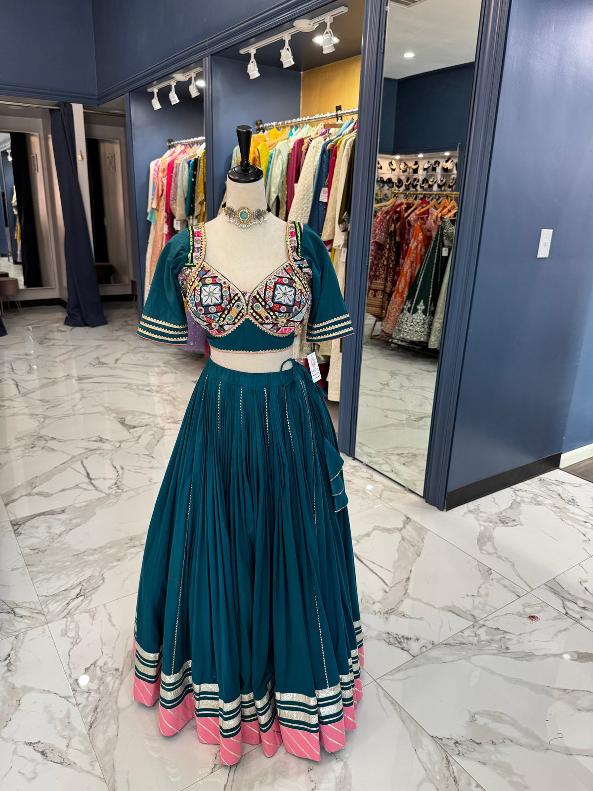 Teal & Coral Mirror Work Chaniya Choli
