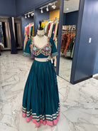 Teal & Coral Mirror Work Chaniya Choli