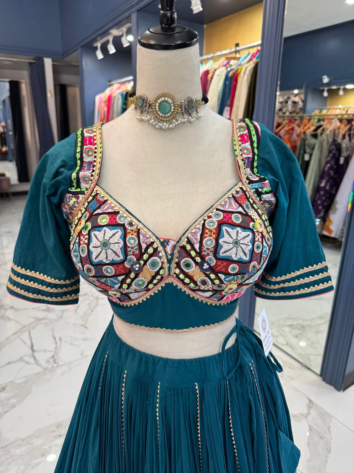 Teal & Coral Mirror Work Chaniya Choli