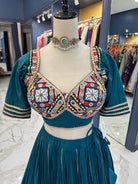Teal & Coral Mirror Work Chaniya Choli