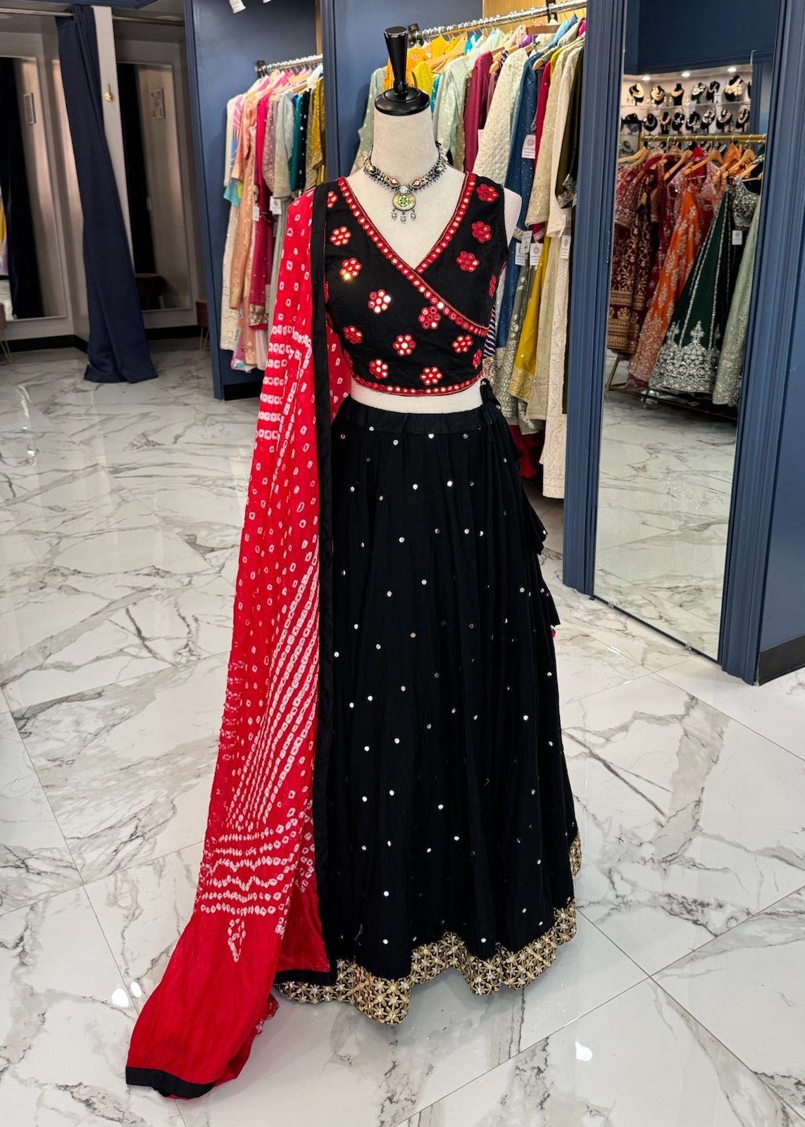 Black and Red Mirror Chaniya Choli
