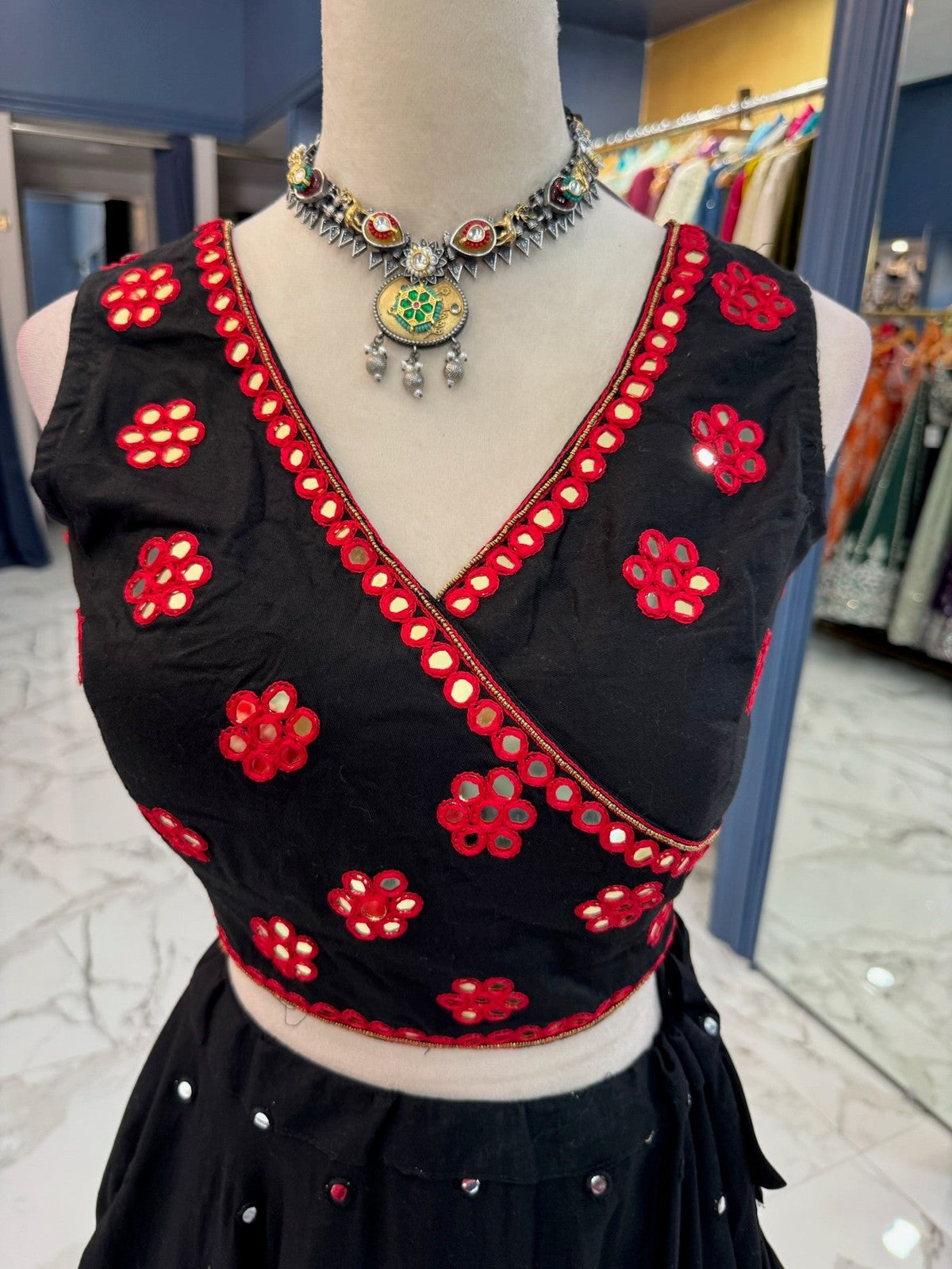 Black and Red Mirror Chaniya Choli