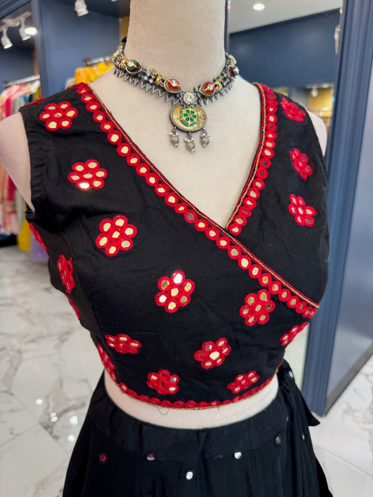 Black and Red Mirror Chaniya Choli