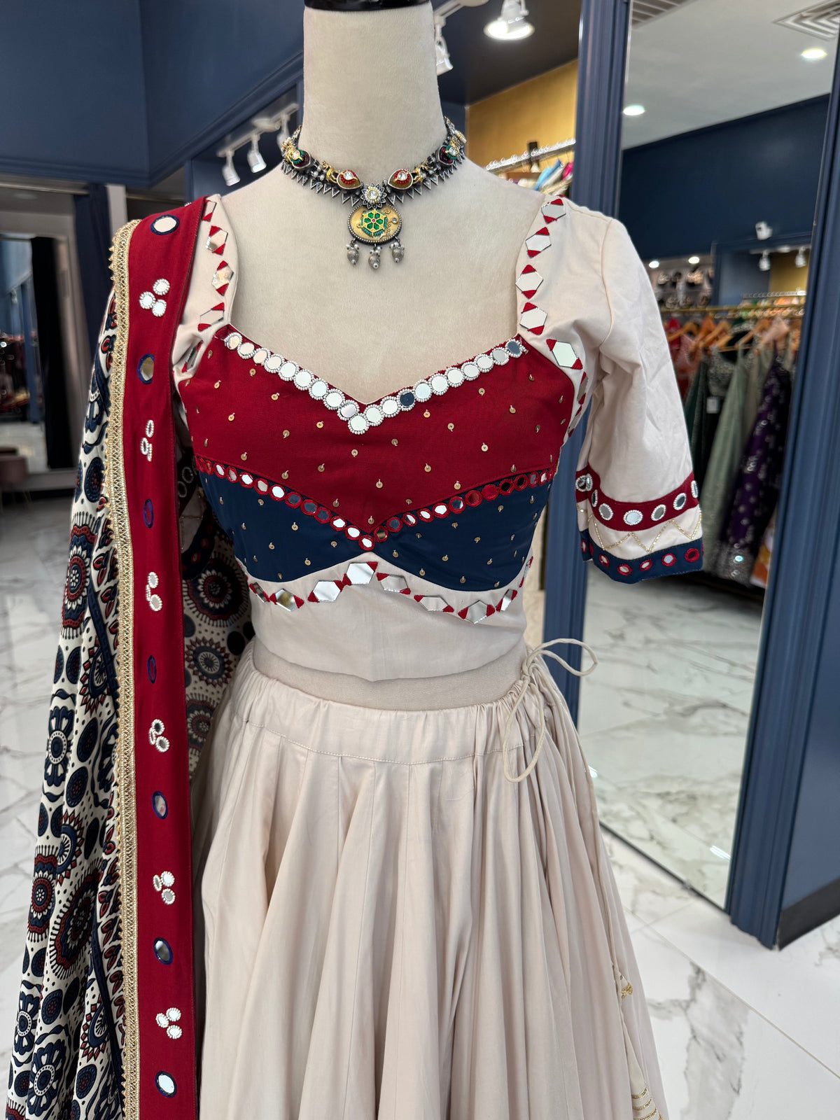 Ivory and maroon mirror work chaniya choli