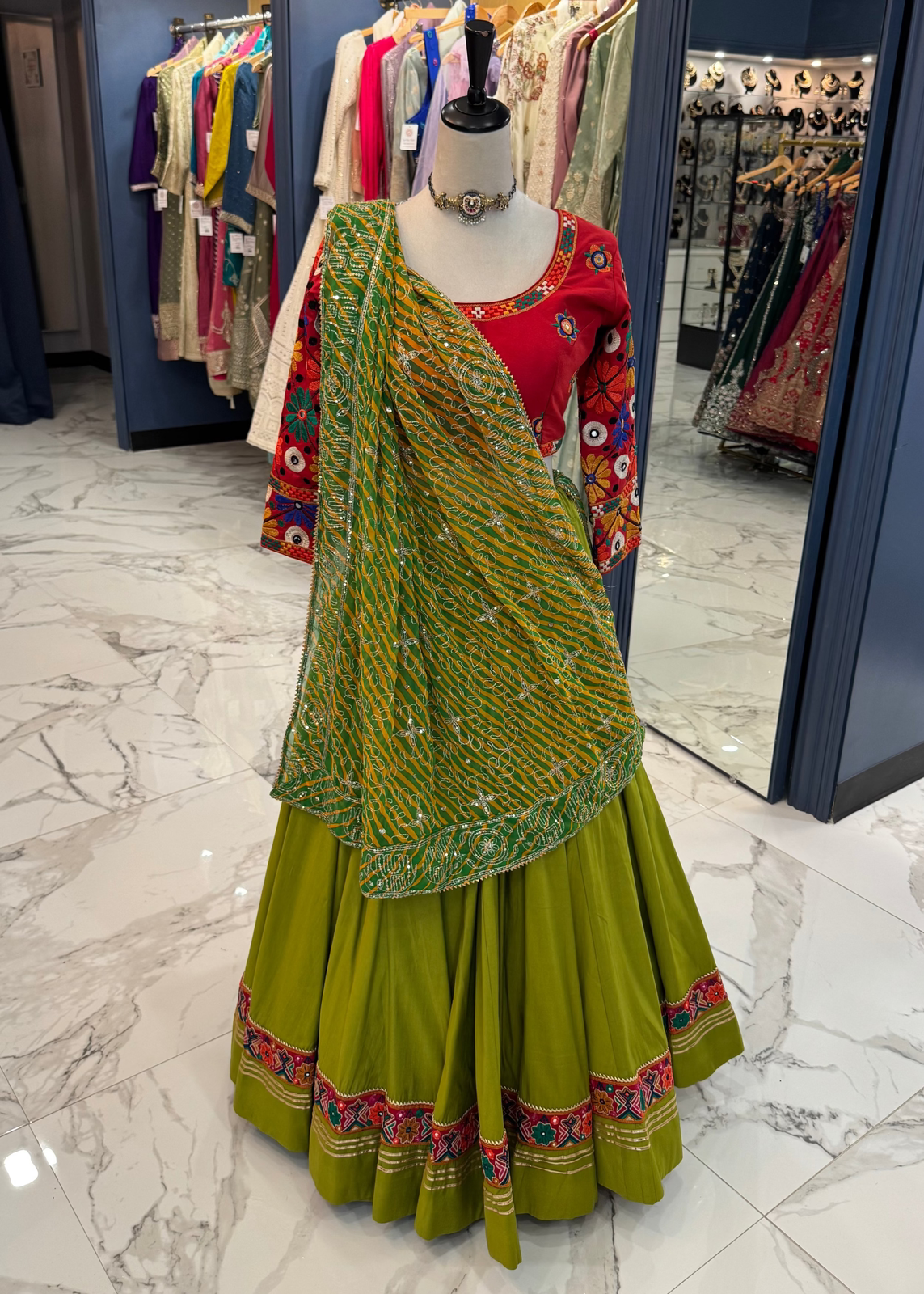 Olive Green & Red Chaniya Choli