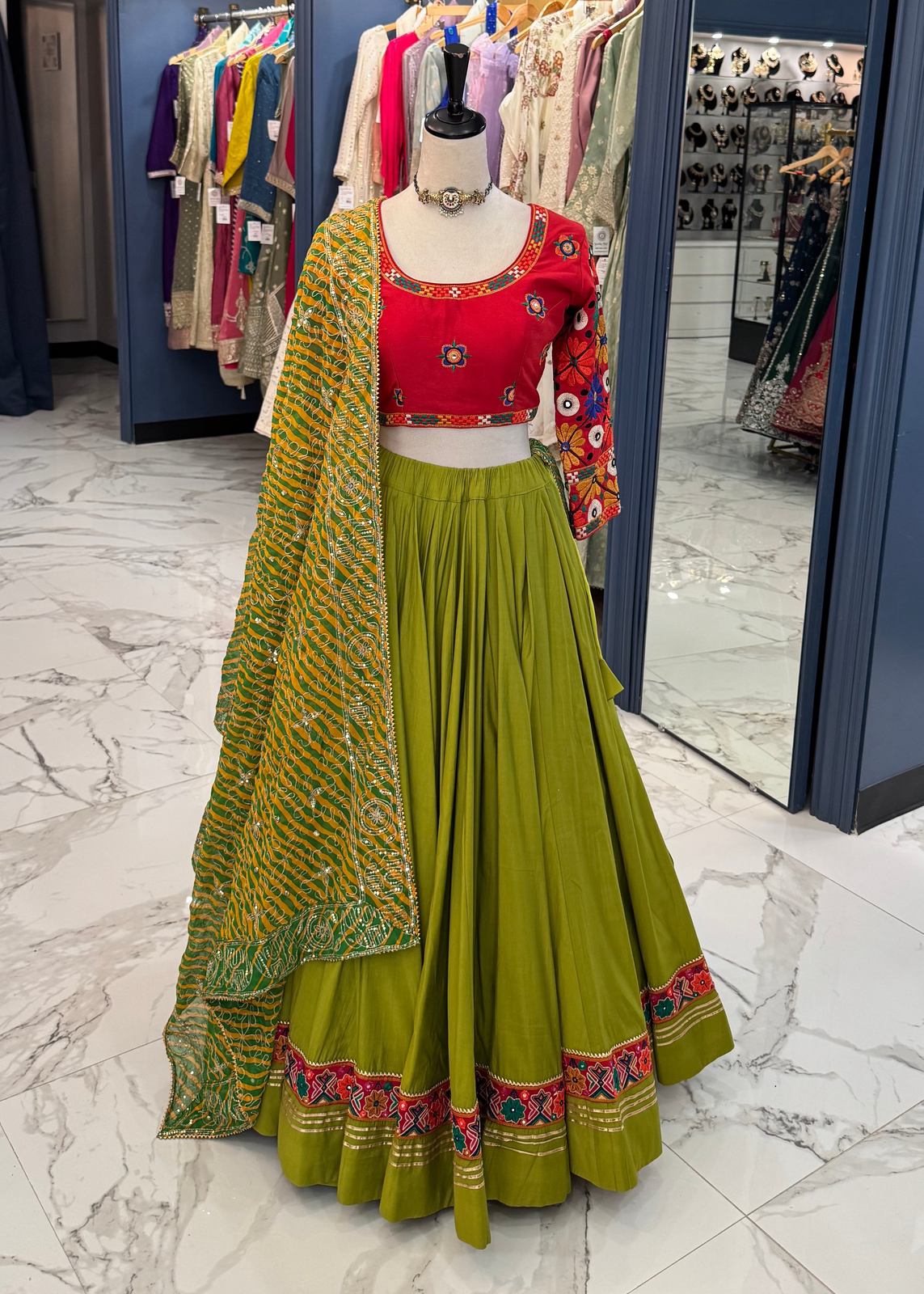 Olive Green & Red Chaniya Choli