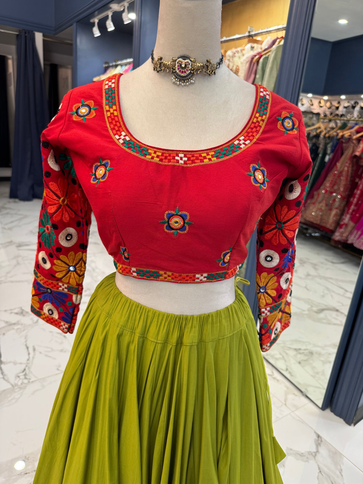 Olive Green & Red Chaniya Choli