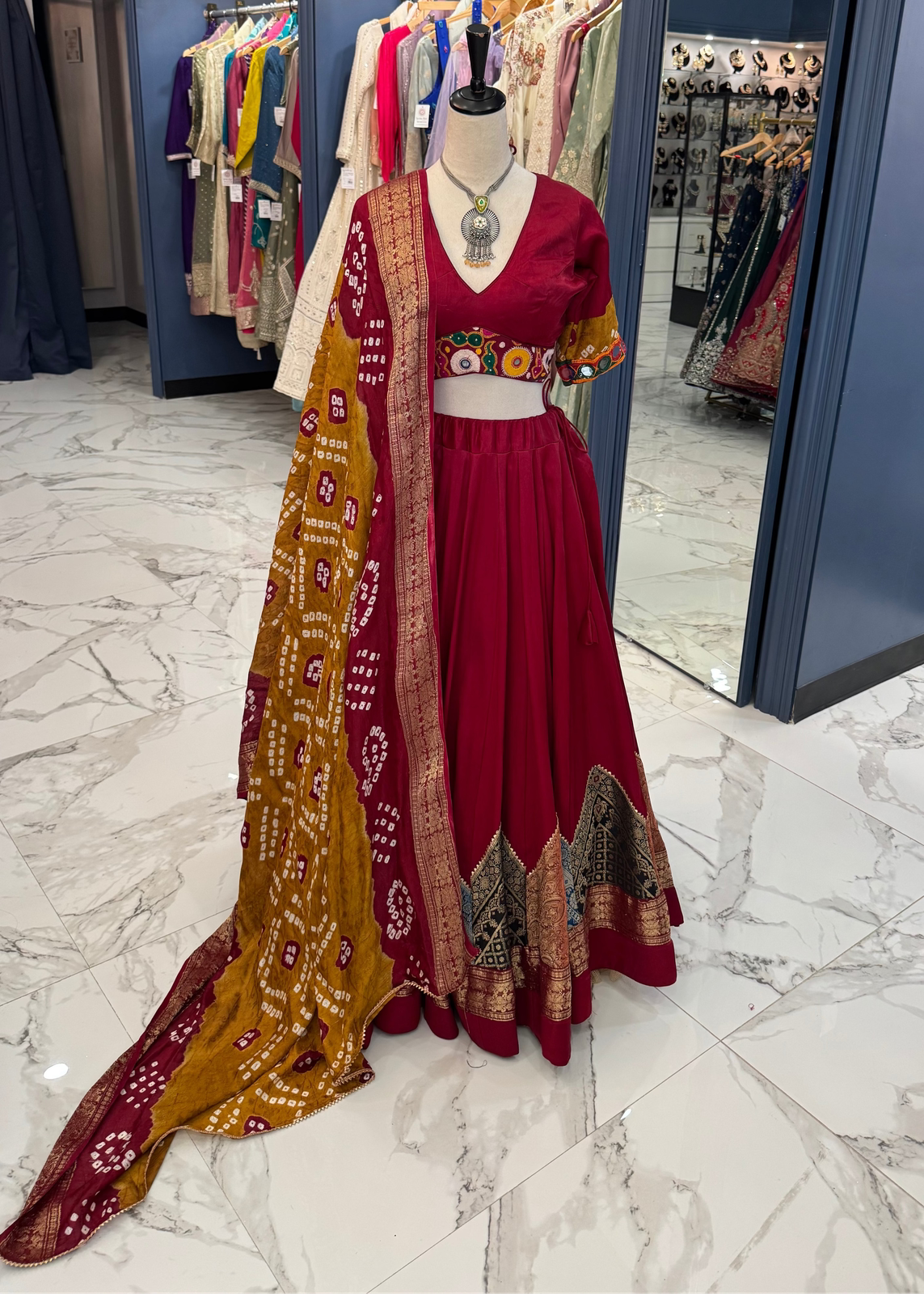 Maroon & Mustard Bandhani Chaniya Choli