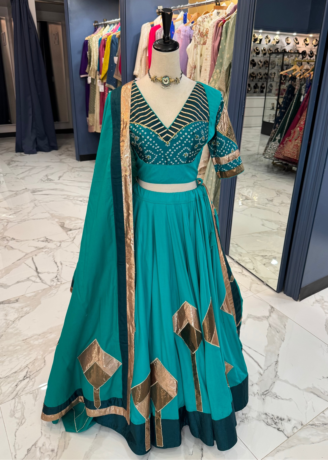 Teal & Gold Bandhani Chaniya Choli