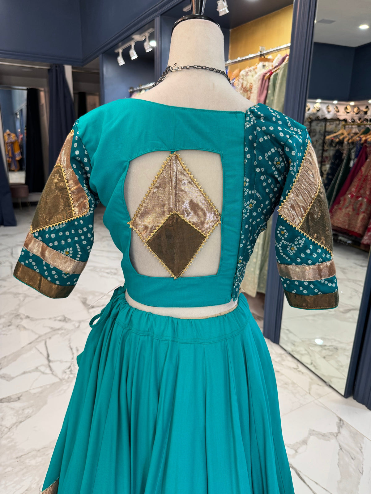Teal & Gold Bandhani Chaniya Choli