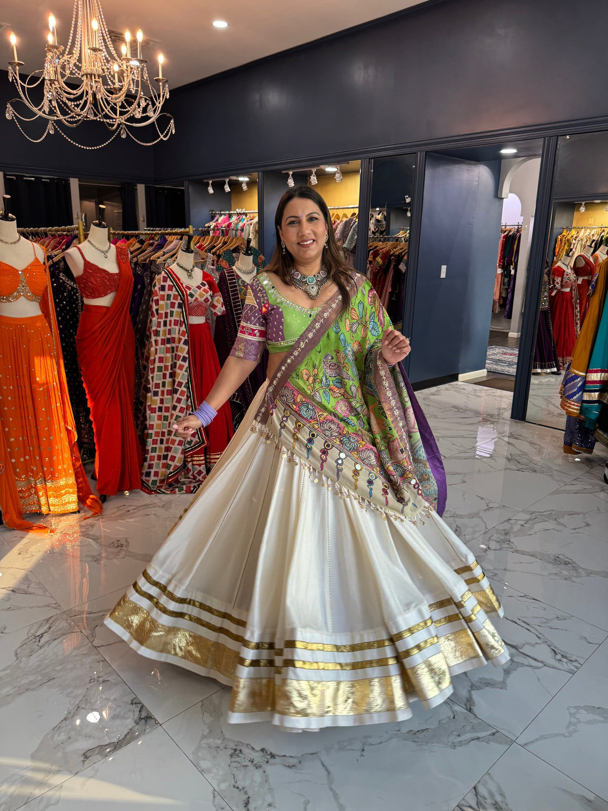 Ivory & Green with Kalamkari dupatta Chaniya Choli