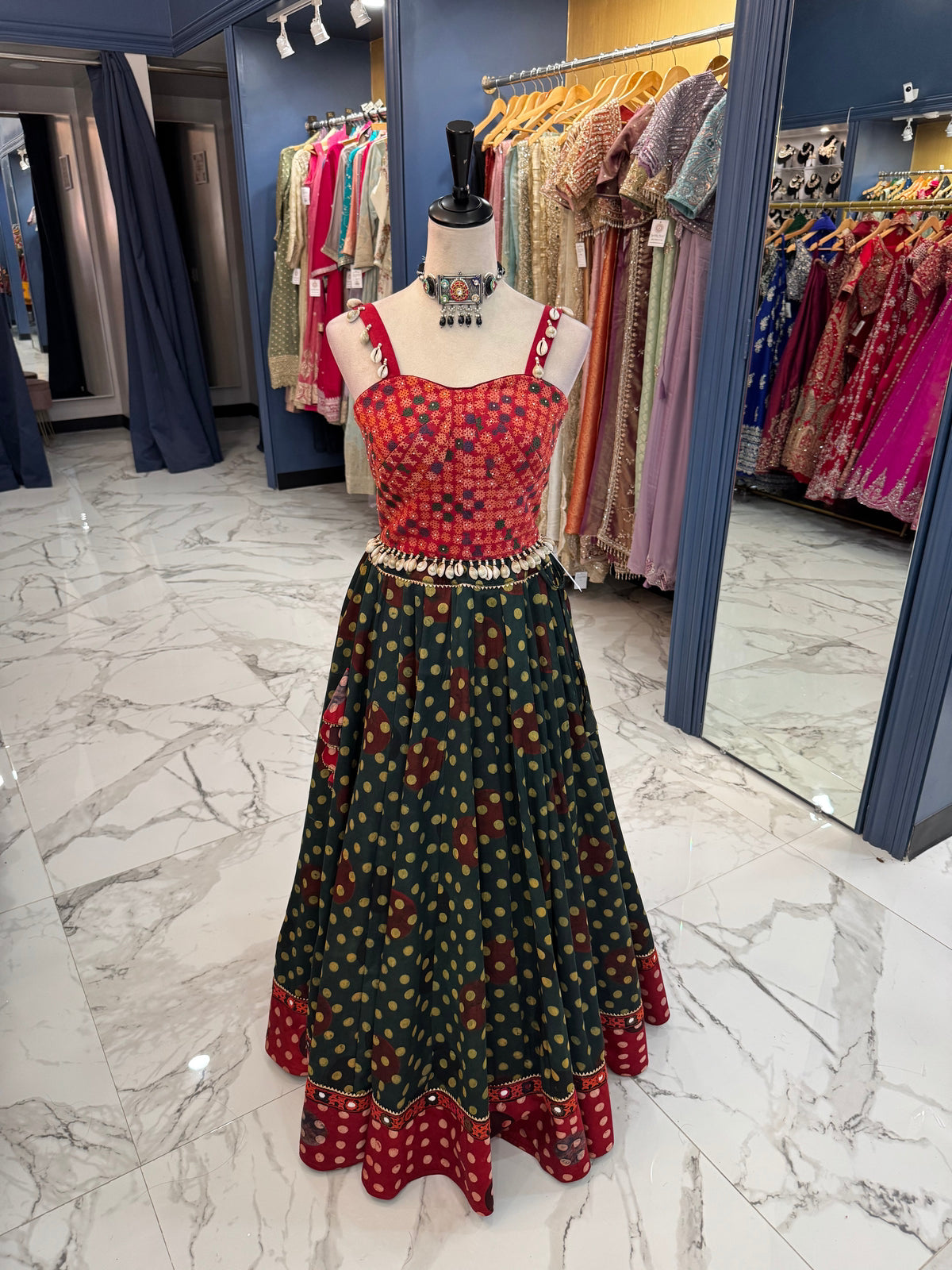 Red & Green Bandhani Chaniya Choli