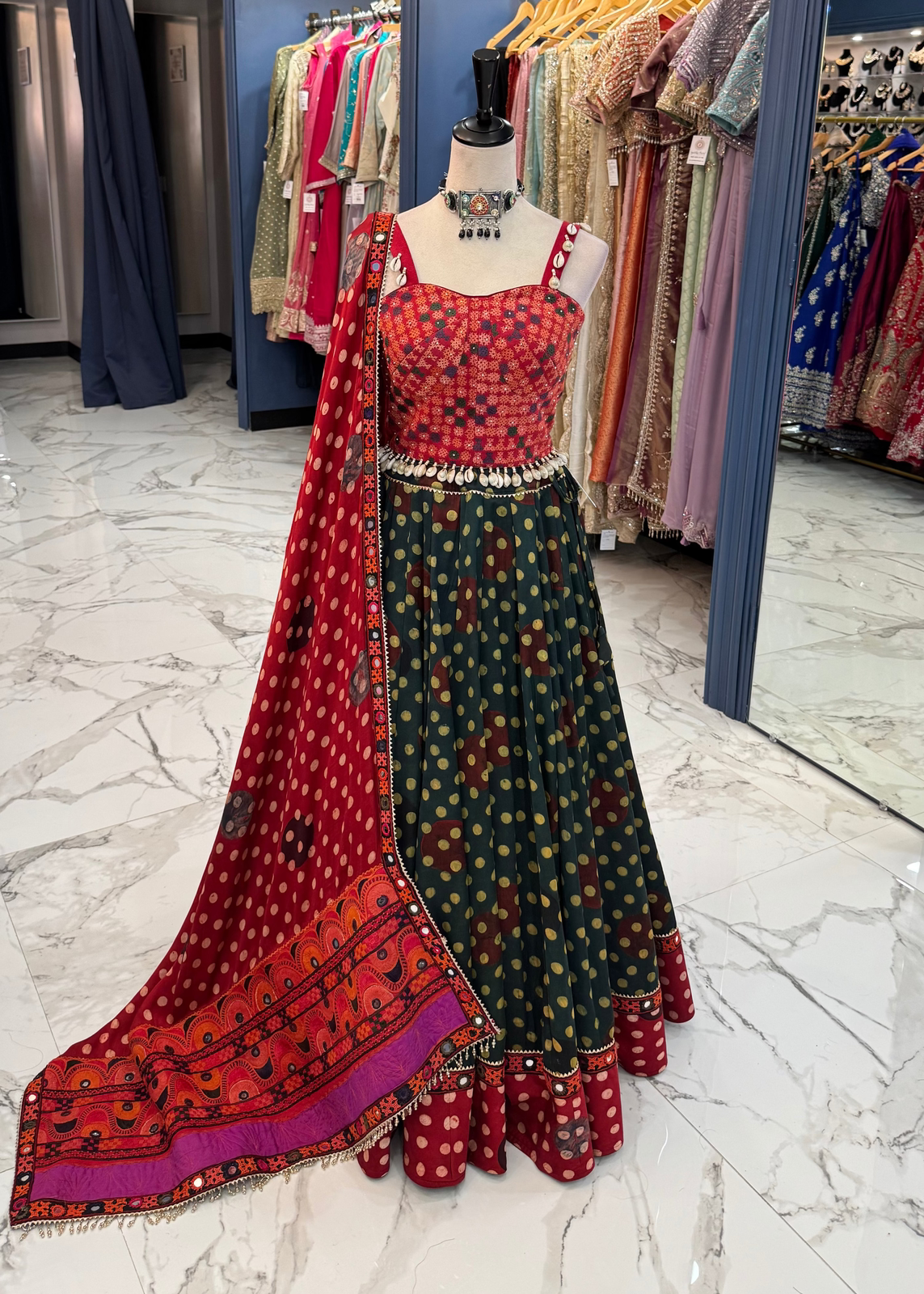 Red & Green Bandhani Chaniya Choli