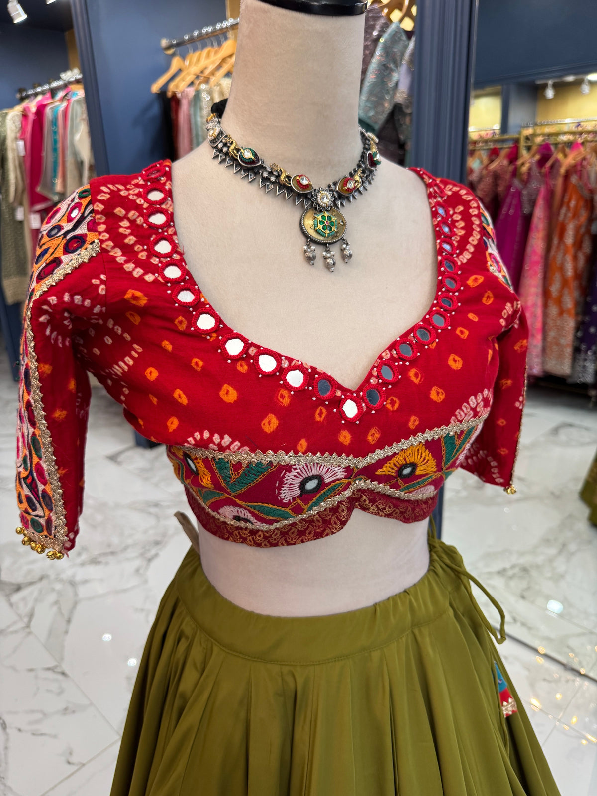 Olive Green and Red Bandhani Chaniya Choli
