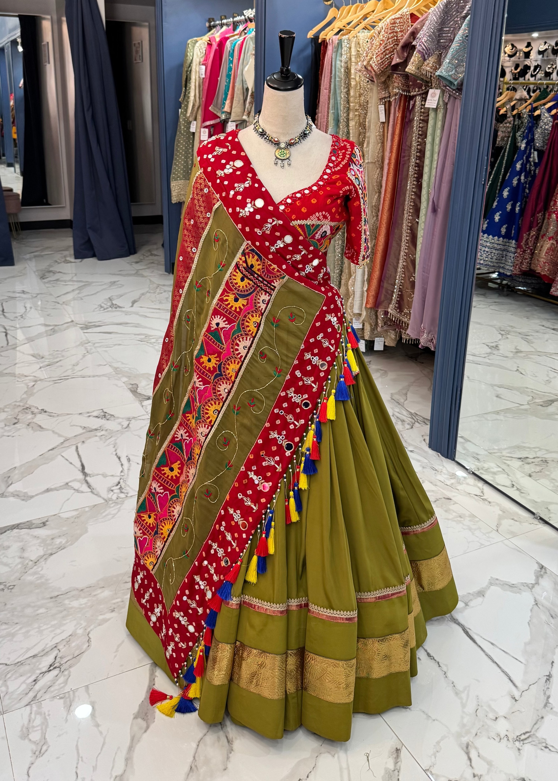 Olive Green and Red Bandhani Chaniya Choli