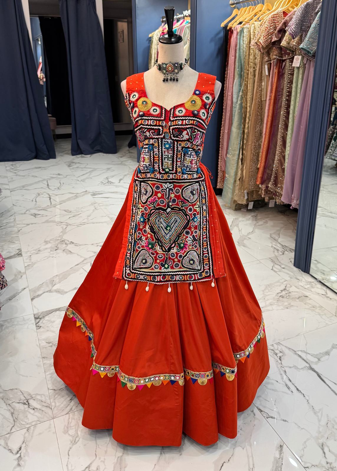 Rust Embroidered Long Top Chaniya Choli