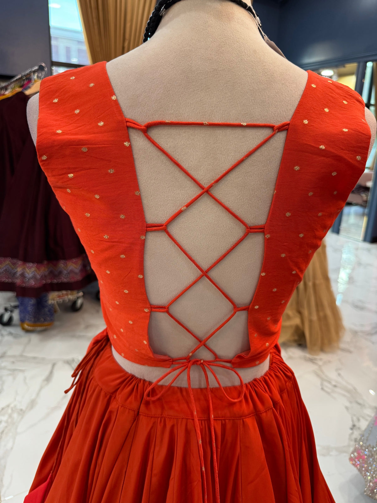 Rust Embroidered Long Top Chaniya Choli