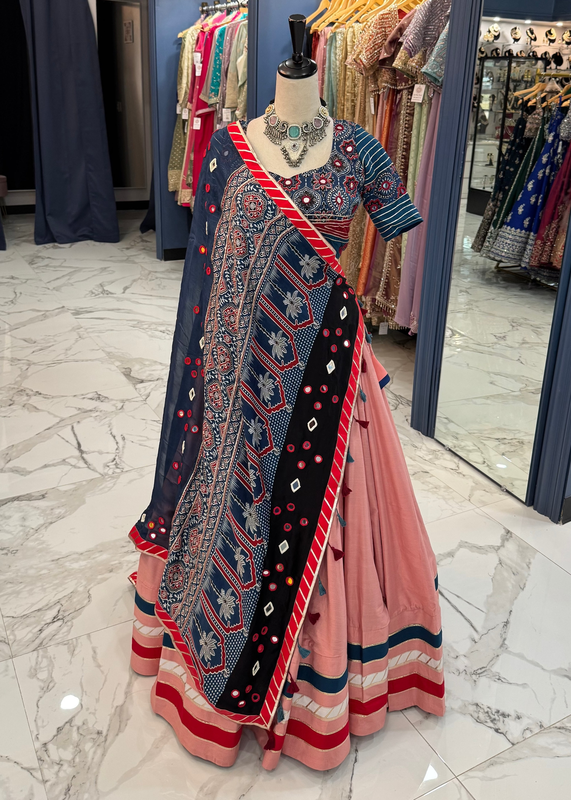 Pink & Navy Ajrak Chaniya Choli