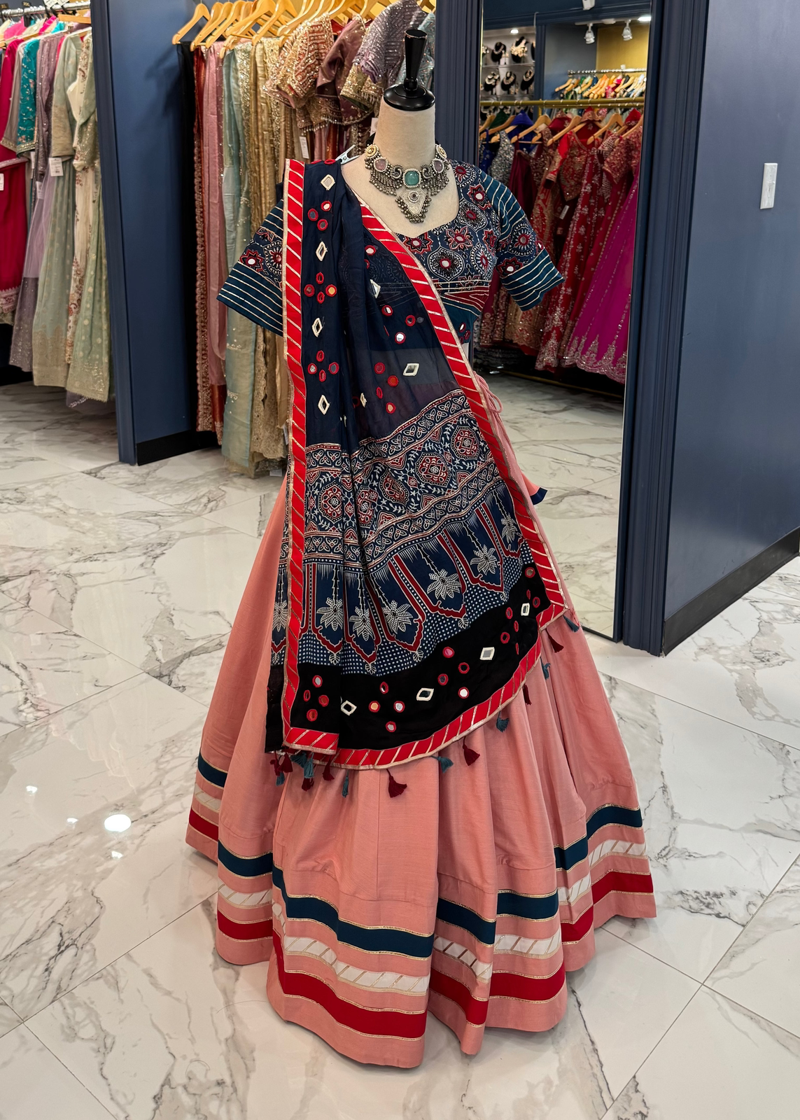 Pink & Navy Ajrak Chaniya Choli