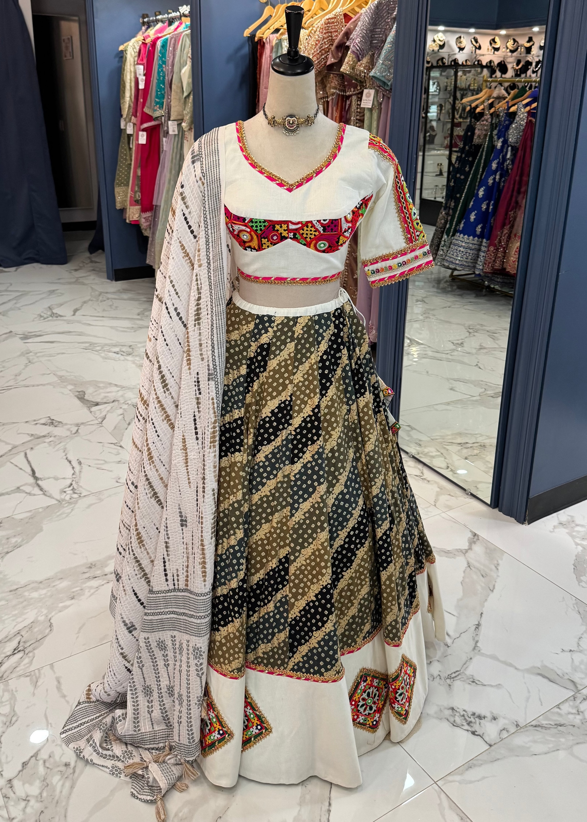 Ivory & Black Bandhani Chaniya Choli