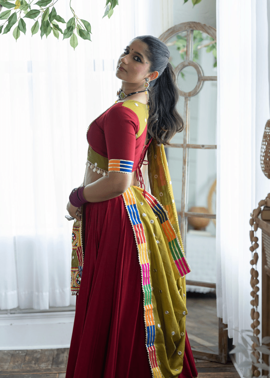 Maroon and mehendi green cotton chaniya choli