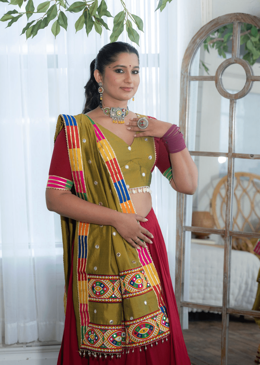 Maroon and mehendi green cotton chaniya choli