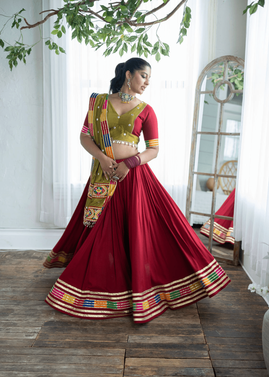Maroon and mehendi green cotton chaniya choli