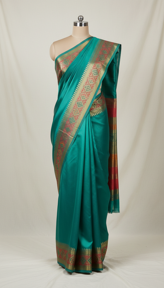 Peacock Teal Silk Saree with Contemporary Border