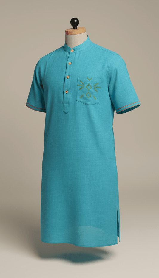 Turquoise Blue Short Kurta in Cotton
