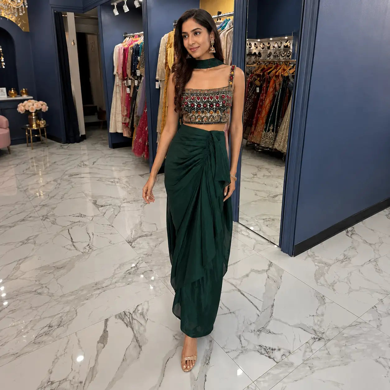 Emerald green draped maxi skirt with a flowing, gathered design.