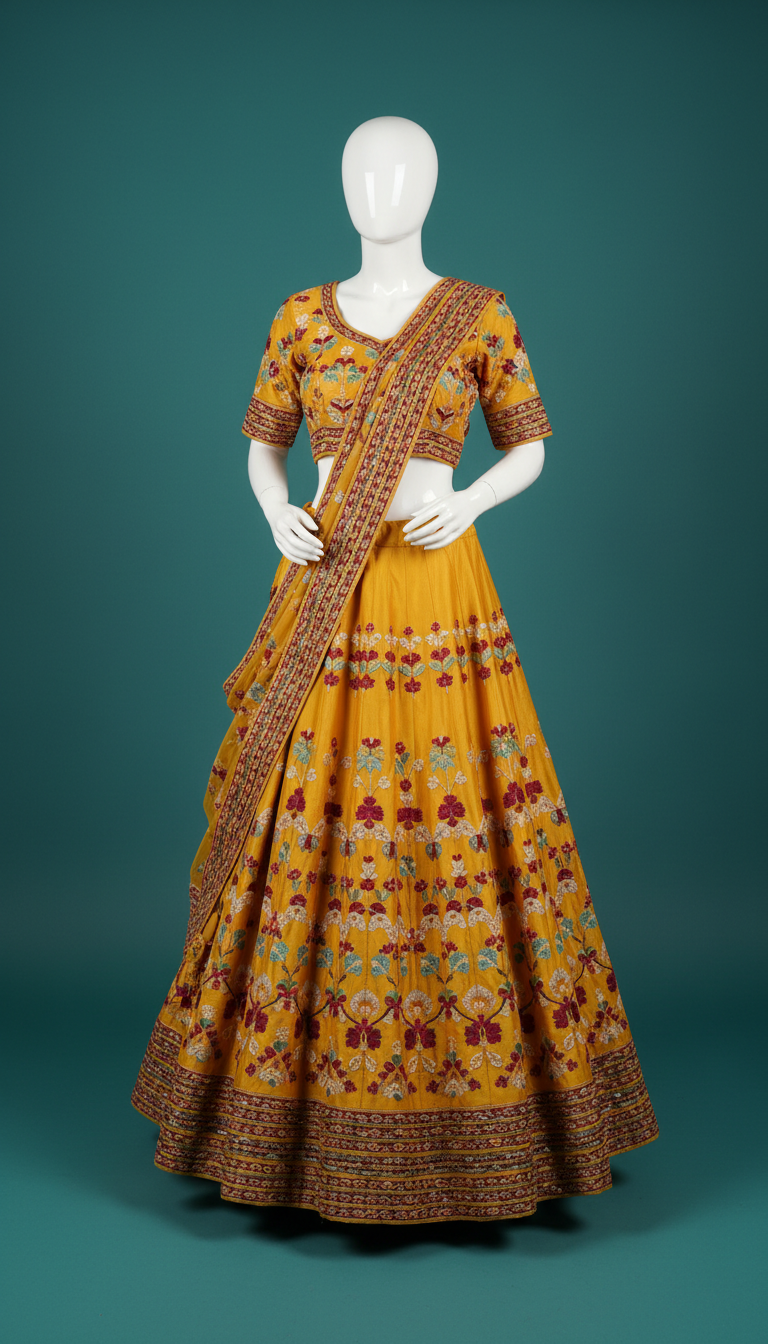 Marigold Yellow Embroidered Lehenga with Modern Motifs