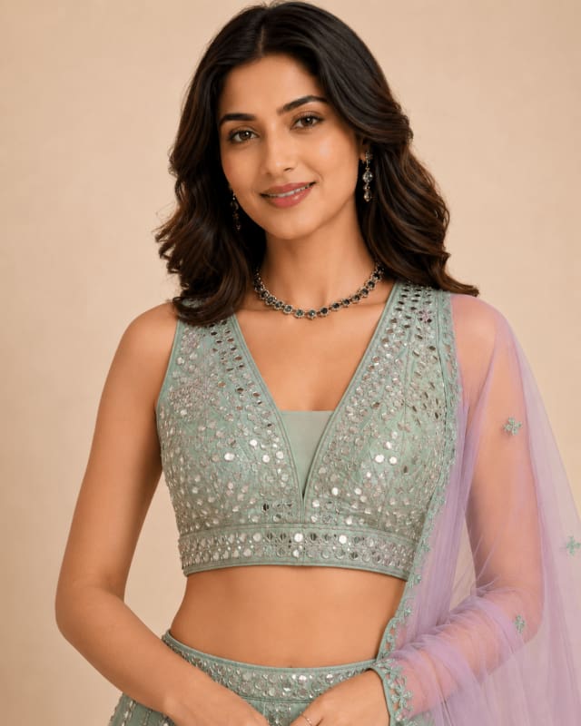 Karvi Mint Mirror work Lehenga