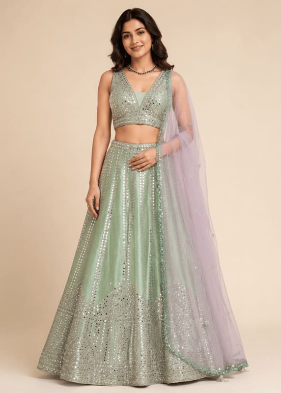 Karvi Mint Mirror work Lehenga