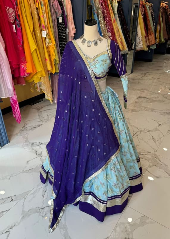 Sky Blue & Royal Purple Printed Chaniya Choli