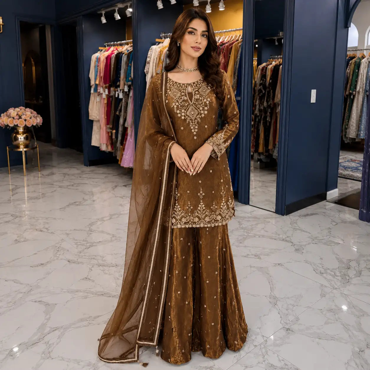 A rich brown embroidered traditional outfit with intricate gold detailing and a matching sheer dupatta.