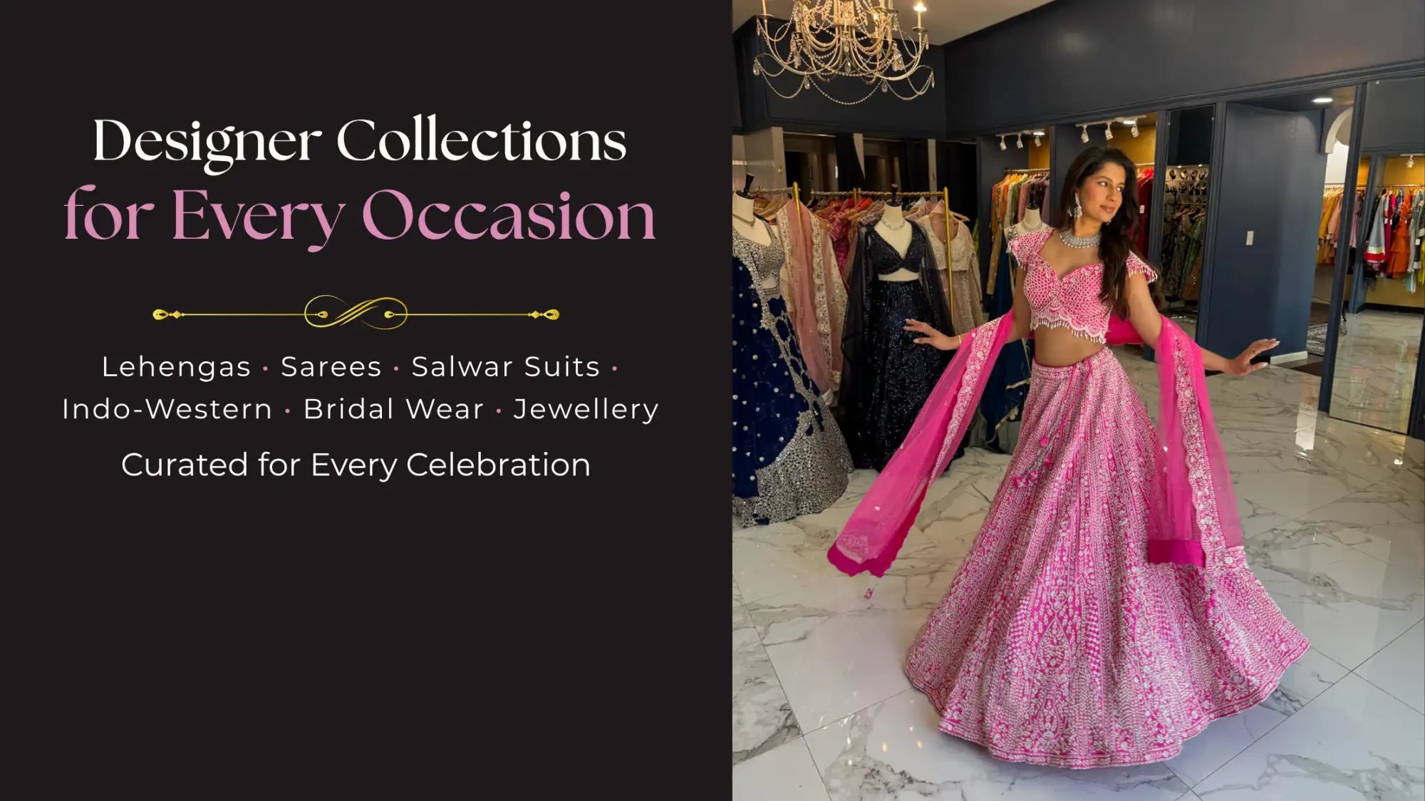 A vibrant pink lehenga with intricate embroidery and matching dupatta.