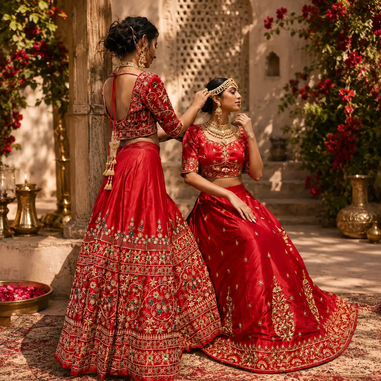 Vibrant red silk lehenga with intricate gold and green embroidery.