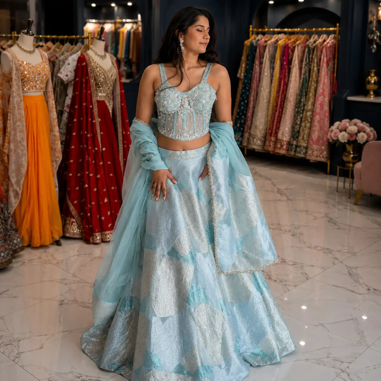 A woman wears a light blue lehenga with intricate silver embroidery and sheer, layered fabric.