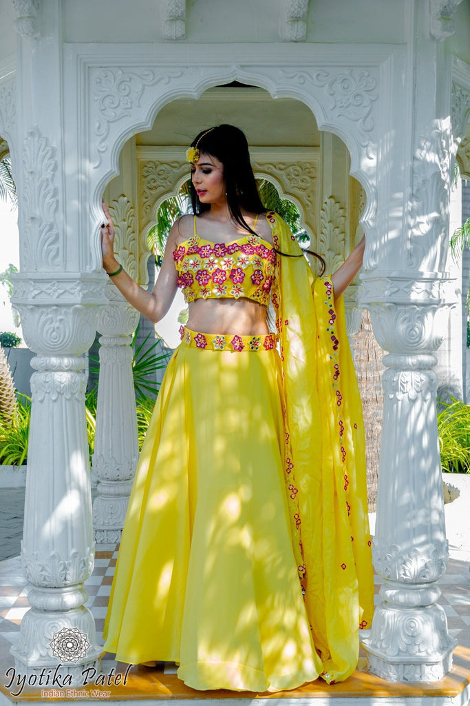 Bright Yellow Georgette Lehenga with 3D floral applique