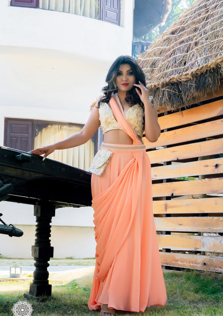 Peach Ready Saree with embellished belt and purse