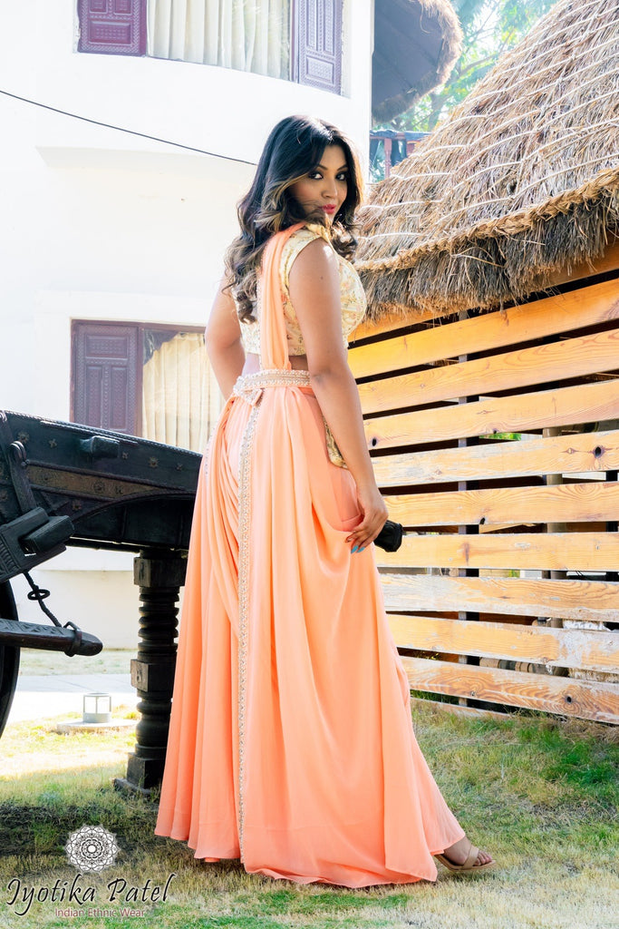 Peach Ready Saree with embellished belt and purse