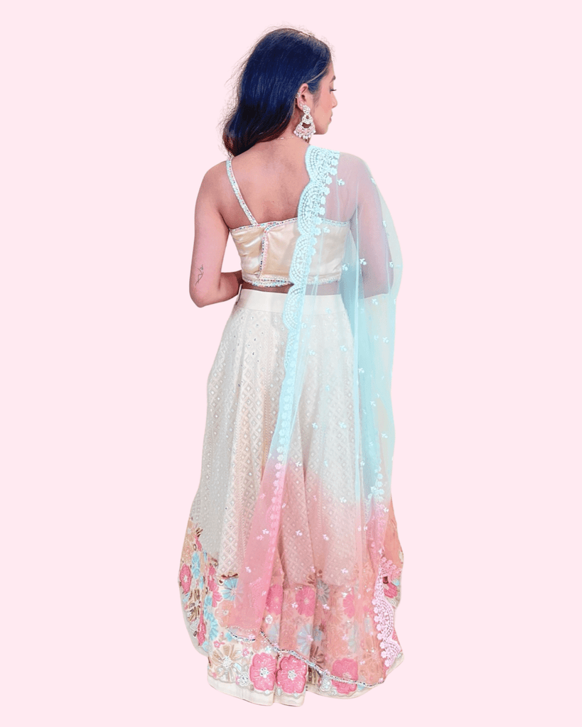Beige peach sequence lehenga with embroidered floral
