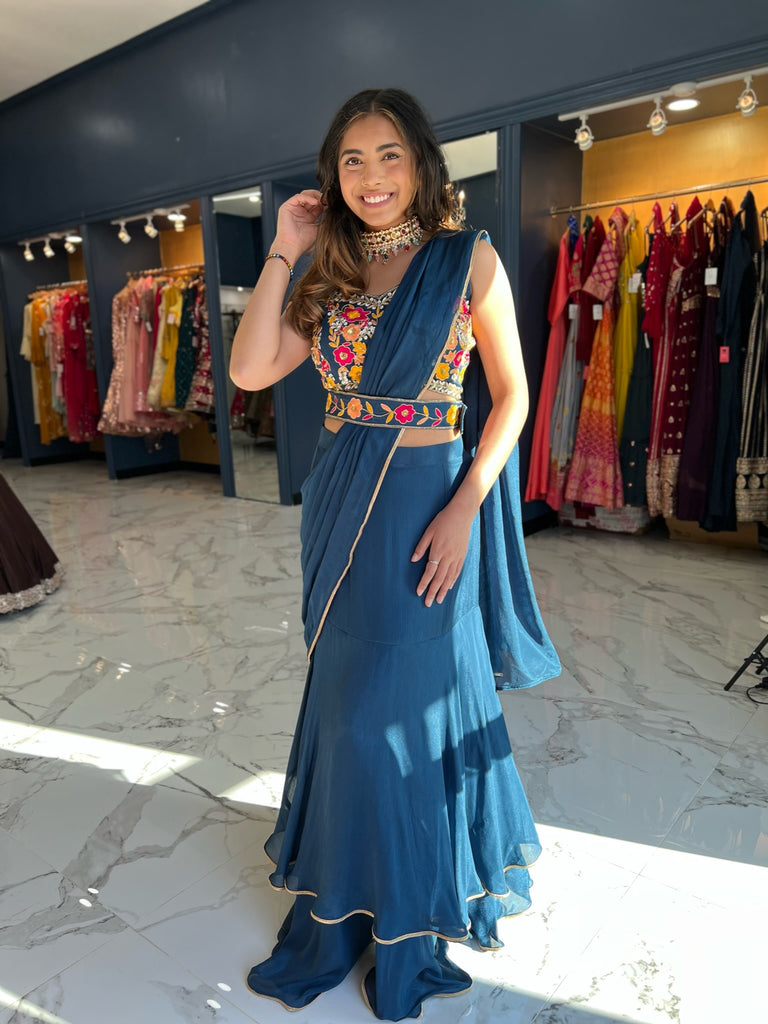 Teal blue lehenga Saree with Handwork blouse and waist belt